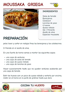 imagen de carteles de taller de cocina, receta de moussaka, asociación las mestas en el centro cultural de Monleras
