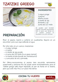 imagen de carteles de taller de cocina, receta de tzaziki griego, asociación las mestas en el centro cultural de Monleras