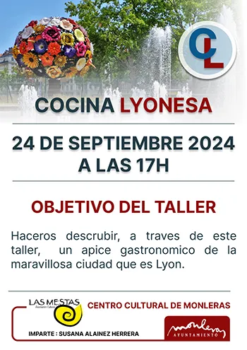 imagen de carteles de taller de cocina, cocina lyonnesa, asociación las mestas en el centro cultural de Monleras