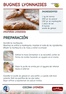imagen de carteles de taller de cocina, receta de bugnes lyonnaise, asociación las mestas en el centro cultural de Monleras