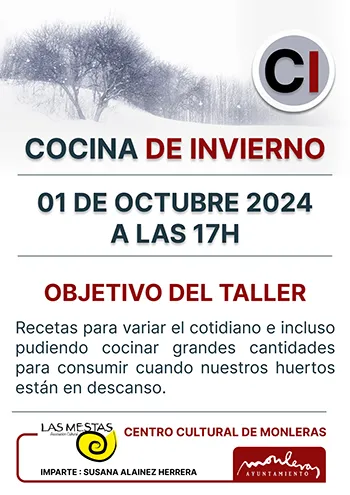 imagen de carteles de taller de cocina, cocina de invierno, asociación las mestas en el centro cultural de Monleras
