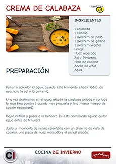 imagen de carteles de taller de cocina, receta de crema de calabaza, asociación las mestas en el centro cultural de Monleras