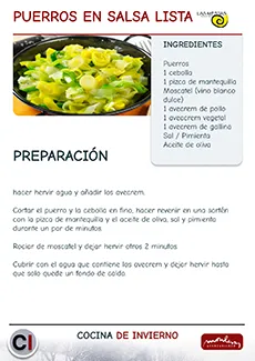 imagen de carteles de taller de cocina, receta de puerros en salsa lista, asociación las mestas en el centro cultural de Monleras